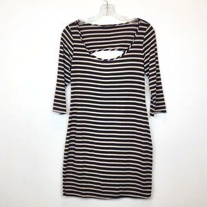 Soprano Navy Blue Cream Striped Bodycon Back Cut Out Mini Dress, Size Large, EUC